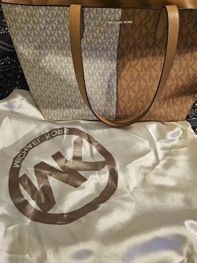 Michael Kors Two-Tone MK Monogram Tote in Brown and Cream